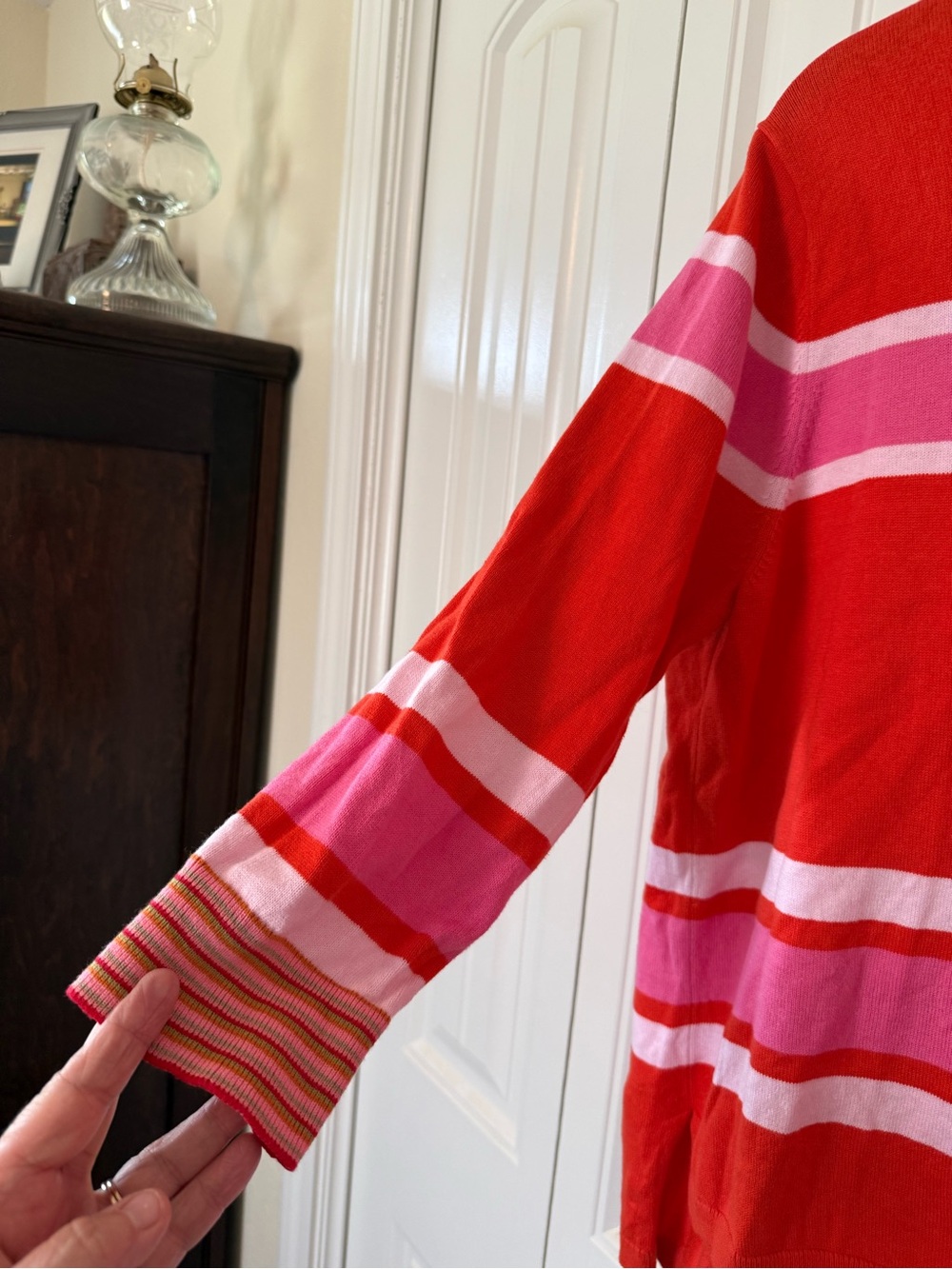 CAbi Red and Pink Striped Crewneck Sweater - Picture 4 of 9